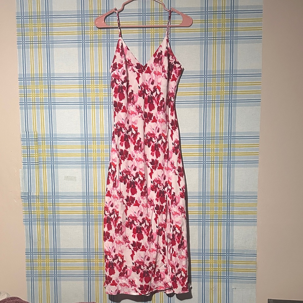 Floral Pink Slip Dress with Red Rose Print